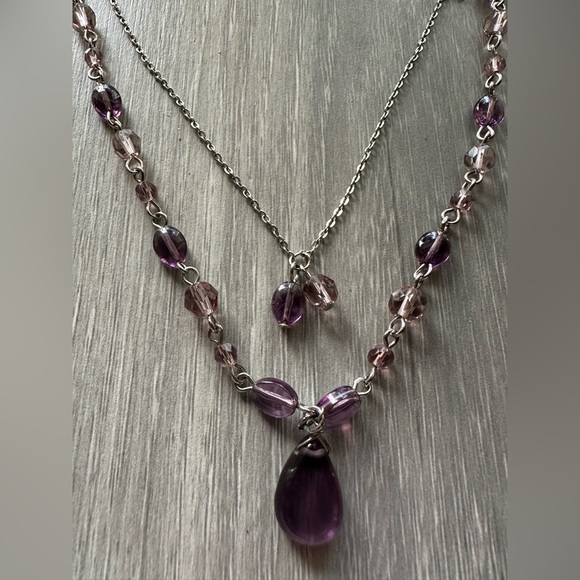 Amethyst Drop/Beaded Double Chain Necklace - Picture 2 of 11
